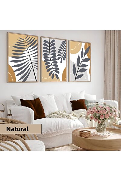 Harikabirev Children's Room Living Room-Minimalist Modern Bohemian Design Leaves X1 | Wooden Framed 3-Piece Mdf Ahmdf