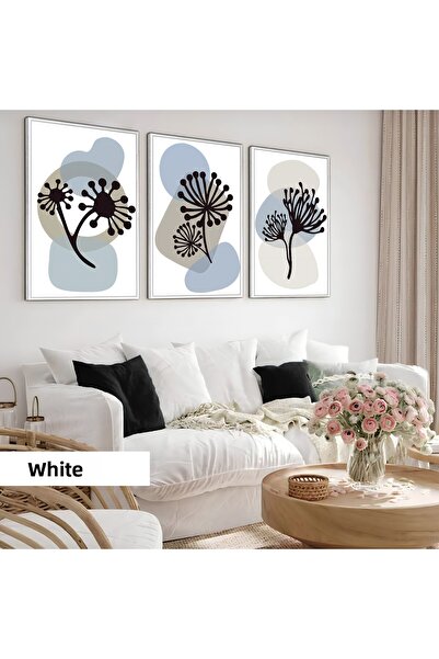 Harikabirev Children's Room Living Room-Minimalist Modern Bohemian Blue-Grey Leafyx2 | Wooden Framed 3-Piece Mdf Ahmdf