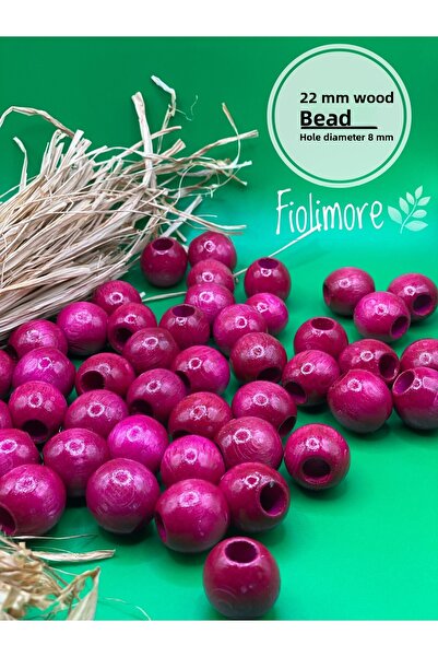 Fiolimore 22 ملم خرز خشبي وردي فوشيا (50 جرام 13 قطعة) قطر الفتحة العريضة 8 م...