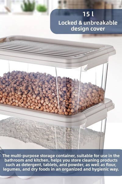 MOİ 2-Pack Mega 15L Flour and Grain Container - Bathroom Organizer with Lockable Lid, Detergent Holder Storage Box