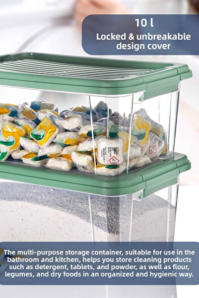 MOİ 2-Pack Mega 10L Flour and Grain Container - Bathroom Organizer with Lockable Lid, Detergent Holder Storage Box