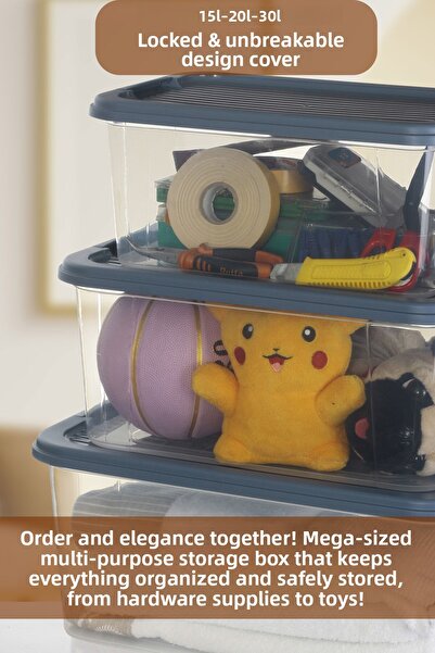 MOİ 3-Piece 15-20-30 L Multi-Purpose Storage Container Set - Lockable Lid Bathroom Kitchen Organizer Storage Box