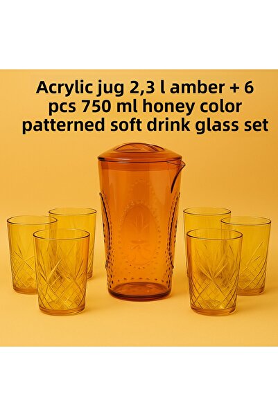 Mustran Acrylic Jug 2.3 L Amber + Set of 6 750 ml Honey-Colored Patterned Soft Drink Glasses