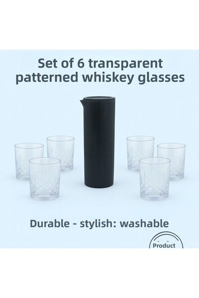 Mustran Acrylic Decanter 1.5 L Glass-Looking Bedside + Set of 6 Transparent Patterned Whiskey Glasses