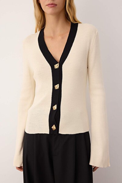 Trendyol Collection Ecru Button Detailed Color Block Knitwear Cardigan Twoaw26Hi00144