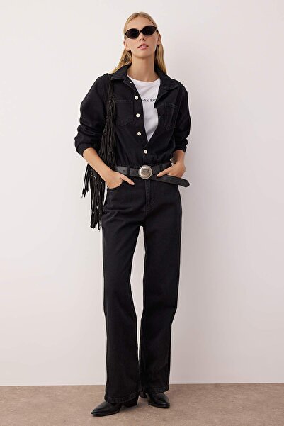 Trendyol Collection Black Shirt Collar Wide Leg Denim Overalls Twoaw26Tu00002
