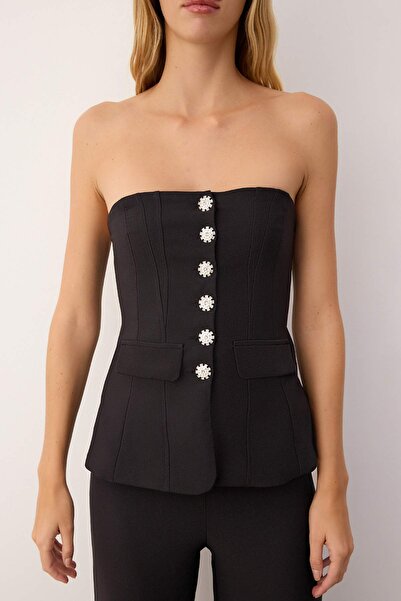 Trendyol Collection Schwarzer trägerloser Overall mit Steinaccessoires, gewebt, stilvoll/Abend-Overall TPRAW26TU00000