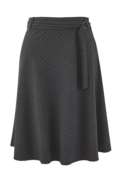 Trendyol Curve Anthracite Belt Detailed Striped Midi Woven Plus Size Skirt Tbbaw26Az00032