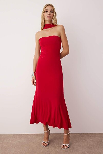 Trendyol Collection Red Plain Knitted Sandy Maxi Unlined Cocktail Dress Tpraw26El00005