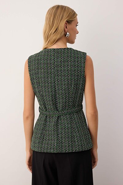 Trendyol Collection Green Black Belted Buttoned Fitted Woven Tweed Vest Twoaw26Ye00037
