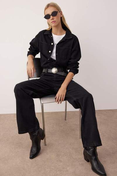 Trendyol Collection Black Shirt Collar Wide Leg Denim Overalls Twoaw26Tu00002