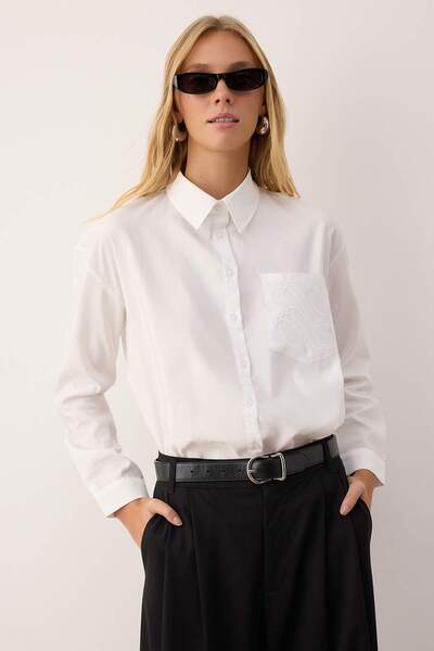 Trendyol Collection White Textured Embroidery Detailed Shirt Twoaw26Go00053