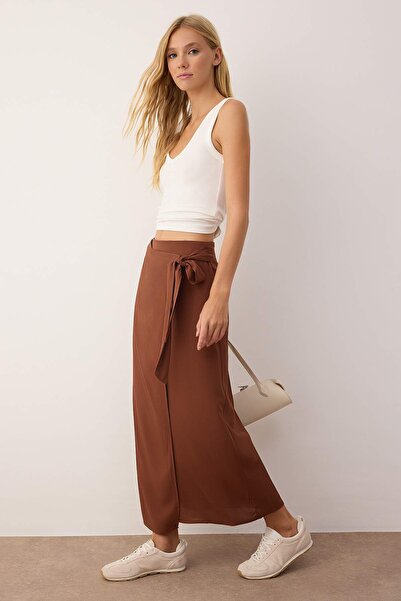 Trendyol Collection Sustainable Brown Tie-Up Double-Breasted Closure Viscose Fabric Maxi Length Woven Skirt Twoss24Et00006