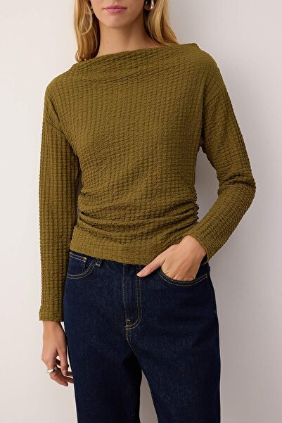 Trendyol Collection Khaki Textured Asymmetric Boat Neck Gathered Stretchy Knitted Blouse Twoaw26Bz00192
