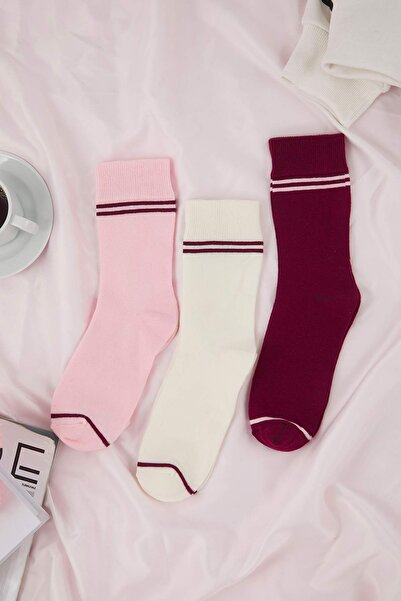 Trendyol Collection Rosa-Mehrfarbige 3-teilige gestreifte Jacquard-Stricksocken aus Baumwolle THMAW26CO00004