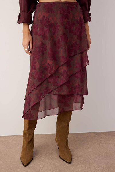 Trendyol Collection Fusta tricotată cu model abstract cu volane burgundy TWOAW26ET00084