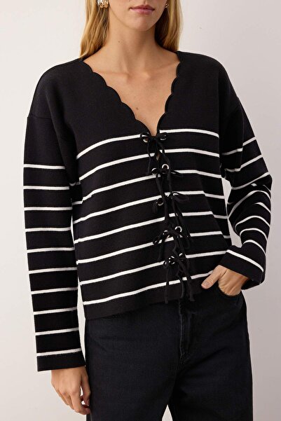 Trendyol Collection Black Striped V-Neck Ribbon Tie-Up Detail Premium Yarn/Special Yarn Knitwear Cardigan Twoaw26Hi00072