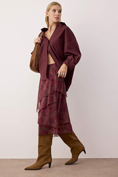 Trendyol Collection Fusta tricotată cu model abstract cu volane burgundy TWOAW26ET00084