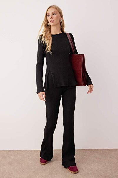 Trendyol Collection Black Ribbed Slit Knitted Blouse - Pant Bottom - Top Set Twoaw26Au00076