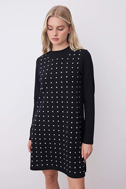 Trendyol Collection Μαύρο πέτρινο μακρυμάνικο μίνι ελαστικό πλεκτό φόρεμα TWOAW26EL00208