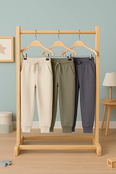 TRENDYOLKIDS Beige-Anthracite-Khaki 3-Piece Elastic Waist Jogger Plain/Basic Boys' Sweatpants Tkdaw25Ea00000