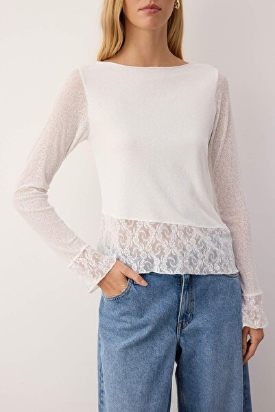 Trendyol Collection Ecru Foam Lace Detail Boat Neck Stretch Knitted Blouse Twoaw26Bz00212