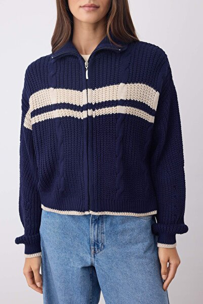 Trendyol Collection Sötétkék Crop Color blokkolt állvány gallér Kötött kardigán TWOAW24HI00238