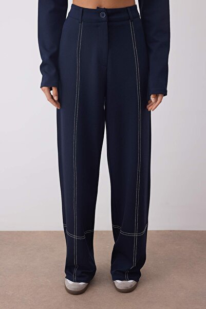 Trendyol Collection Navy Blue Stitching Detail Wide Leg/Wide Cut Knitted Trousers Twoaw26Pl00023