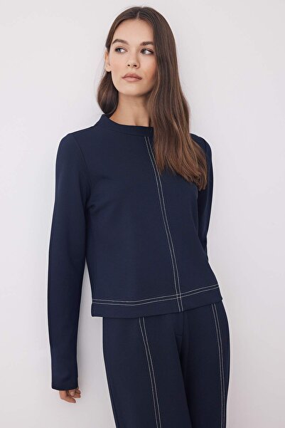 Trendyol Collection Navy Blue Stand Collar Regular/Normal Cut Stitching Detail Knitted Blouse Twoaw26Bz00107