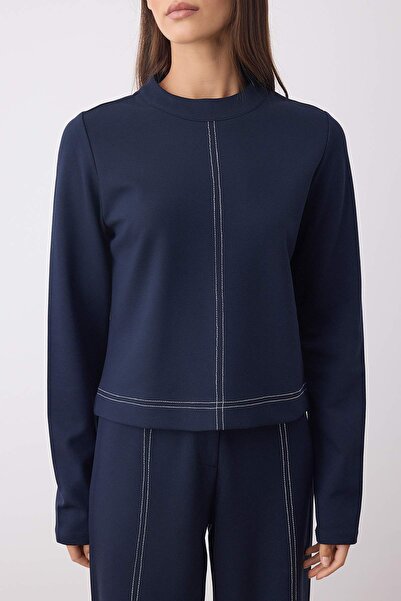 Trendyol Collection Navy Blue Stand Collar Regular/Normal Cut Stitching Detail Knitted Blouse Twoaw26Bz00107