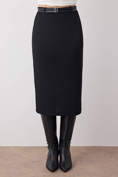 Trendyol Collection Чорна спідниця з подвійним поясом, еластична, з крепу TWOAW26ET00087