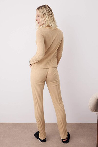 Trendyol Collection Beige Frilly Ribbon/Bow Corded Knitted Pajamas Set Thmaw25Pt00217