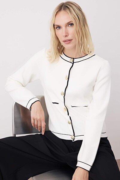 Trendyol Collection Ecru Premium Yarn/Special Yarn Knitwear Cardigan with Button Accessories Twoaw26Hi00208