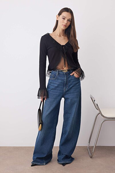 Trendyol Collection Black Tulle Garni Detailed Ruffled V Neck Tie Detail Crop Stretchy Knitted Blouse Twoaw26Bz00230