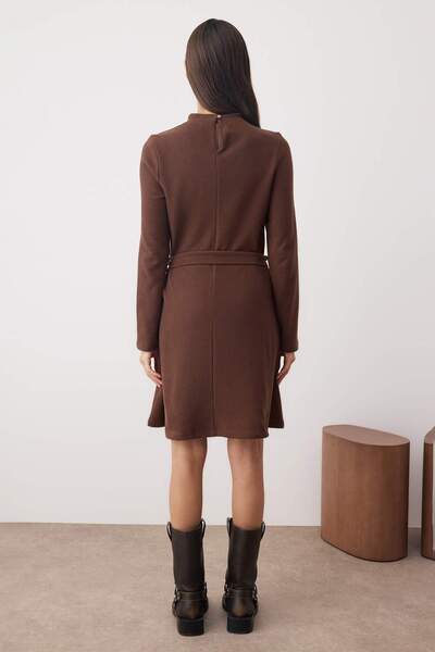 Trendyol Collection Brown Thessaloniki/Trikot Look Skater Mini Knitted Dress with Belt Detail Twoaw26El00162