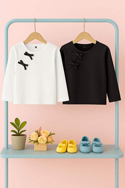 TRENDYOLKIDS Μαύρο-εκρού 100% βαμβακερό πλεκτό μπλουζάκι για κορίτσια με κανονικό λαιμόκοψη TKDAW26TS00013