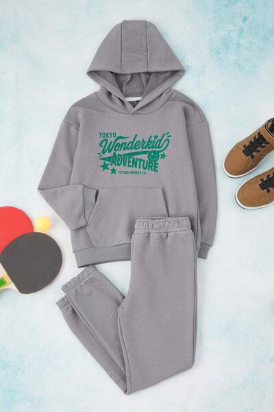 TRENDYOLKIDS Gray Boy's Cotton Slogan Printed Hooded Oversize Knitted Bottom - Top Set Tkdaw26Au00038