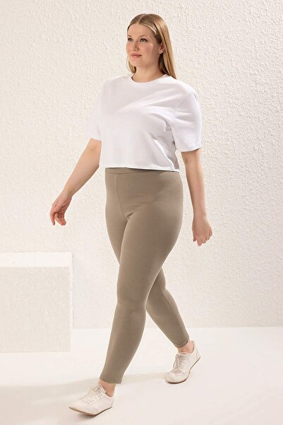 Trendyol Curve Khaki High Waist Recovery Waist Elastic Knitted Plus Size Leggings Tbbss22Ta0022