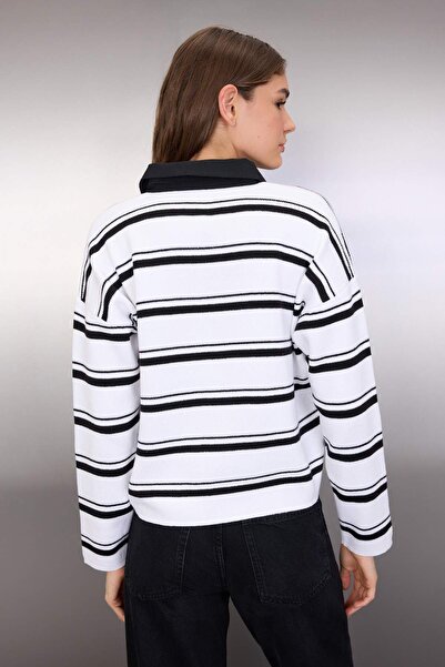 Trendyol Collection Black Cotton Wide Fit Shirt Collar Striped Knitwear Sweater Twoaw26Kz00143