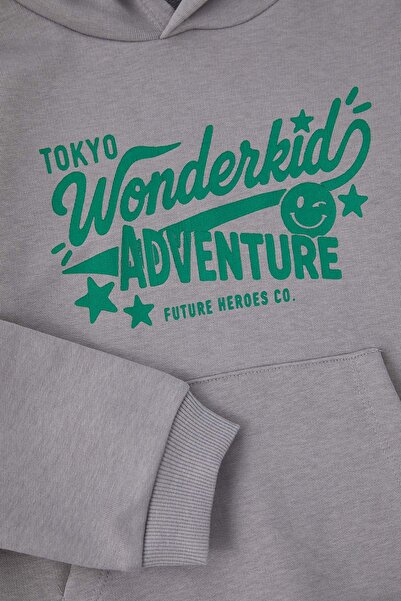 TRENDYOLKIDS Gray Cotton Slogan Printed Hooded Oversize Boys' Knitted Bottom - Top Set Tkdaw26Au00038