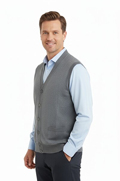 Oppland Men's V-Neck Buttoned Pocket Classic Model Comfortable Cut Full Pattern Woolen Woven Vest