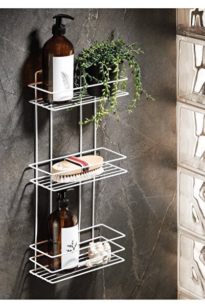 Sas Haus 3 Katlı Beyaz Yapışkanlı Banyo Rafı, Şampuanlık Duş Düzenleyici, Metal Banyo Duvar Askısı