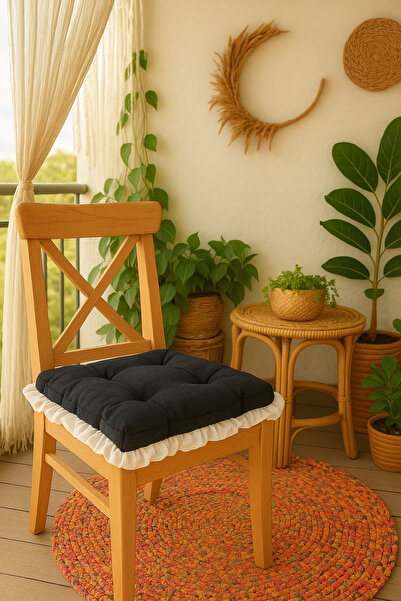 GOCCIA Siyah Beyaz Fırfırlı Özel Dikişli Sandalye Minderi Dolgulu Kare Bağcıklı Yıkanabilir 40x40 cm