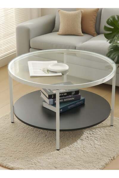 Domuik 2 Tier Glass Coffee Table, Round Large Center Table