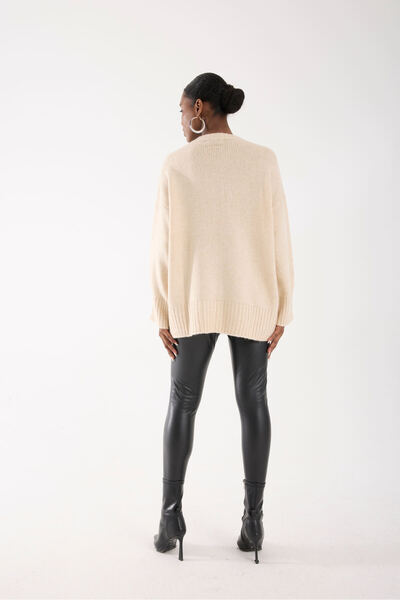 İLKCET MODA Pulover lung de damă oversize cu detaliu de panglică cu fundă și piatră