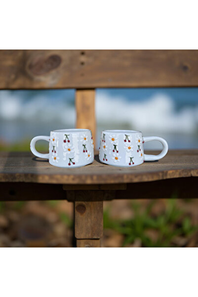 İlbay Çini Takı 2 Pieces Handcrafted Ceramic Baby Cherry Patterned Classic Mug with Daisy