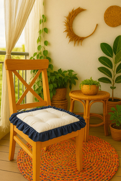 GOCCIA Mavi Beyaz Fırfırlı Özel Dikişli Sandalye Minderi Dolgulu Kare Bağcıklı Yıkanabilir 40x40 cm