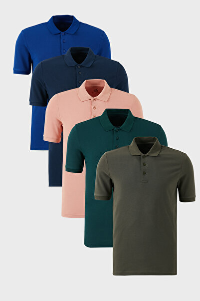 Buratti Tricou din bumbac, cu formă regulată, cu nasturi, cu gât polo, pachet de 5 tricouri pentru bărbați 5902127 S5