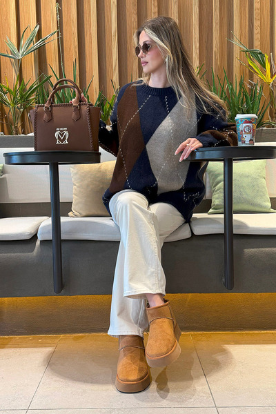Lela Oversize Fit Crew Neck Argyle Sweater Sweatshirt 4615578