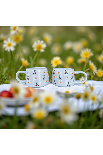 İlbay Çini Takı 2 Pieces Handcrafted Ceramic Baby Cherry Patterned Classic Mug with Daisy